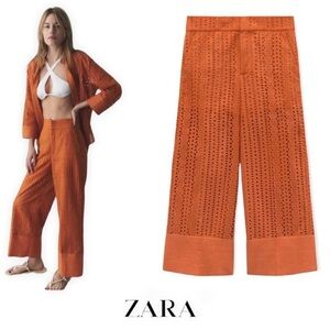 Zara Eyelet Topstitching Wide Leg Trousers